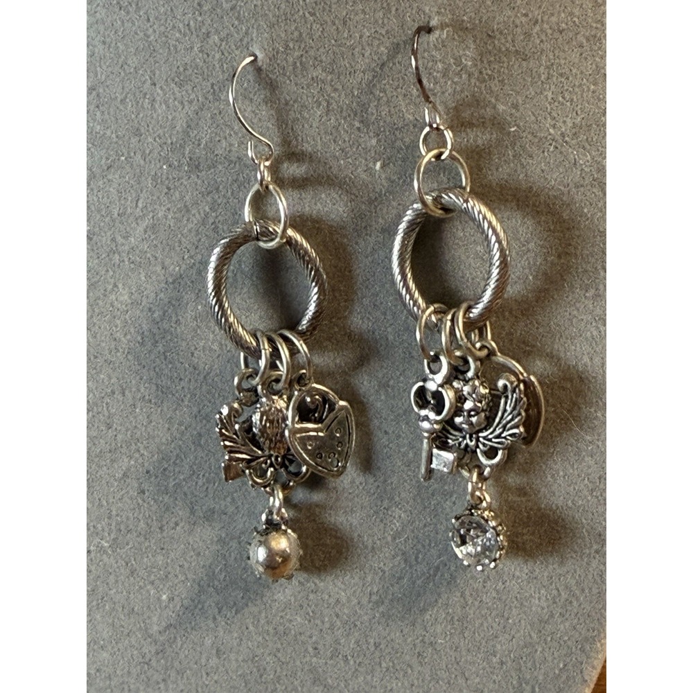 Charm Cherub Earrings Silver Toned Dangle Art Deco Estate Jewelry Angel